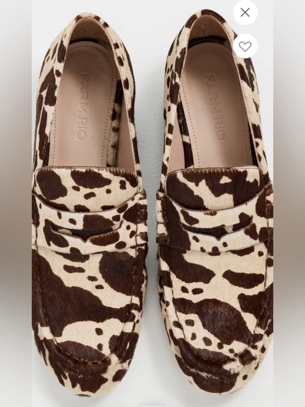 FARM Rio Monstera Heel Cow-Print Penny Loafers in Brown & Cream, NIB, Various - Picture 5 of 16